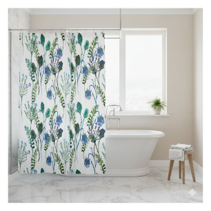 Rideau de douche à fleurs sauvages aquarelle bleu 