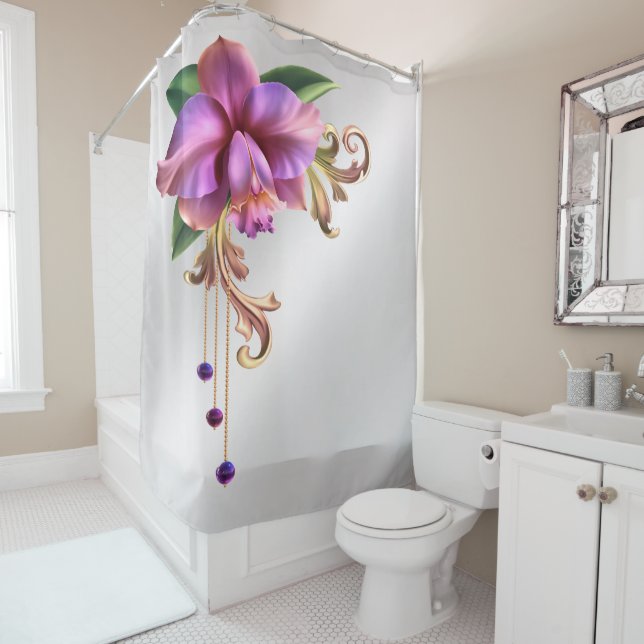 Rideau de douche à fleurs violet (En situation)