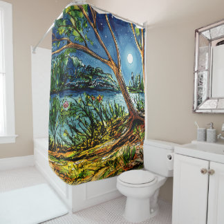 Rideau de douche à l'aquarelle de la forêt nocturn