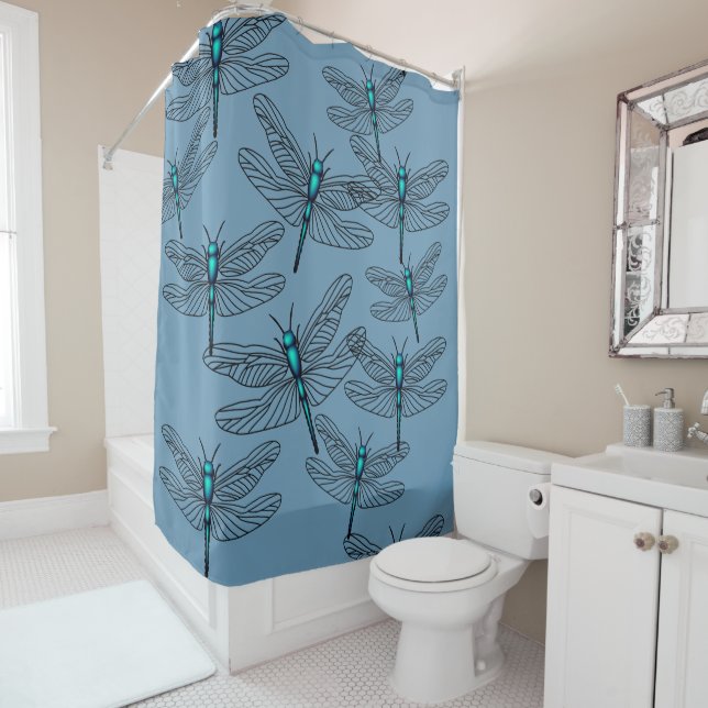 Rideau de douche à libellule bleue (En situation)