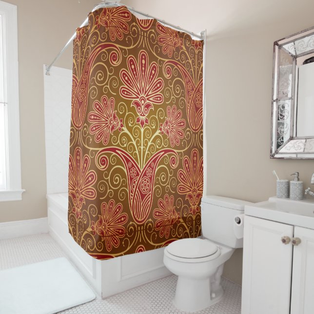 Rideau de douche à motif Brown et rouge Floral (En situation)