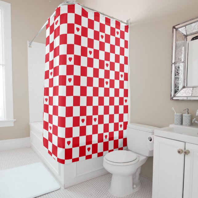 Rideau de douche à motif carreaux rouges (En situation)
