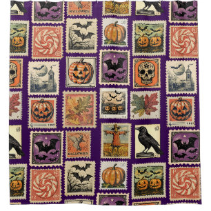 Rideau de douche à motif timbre vintage Halloween