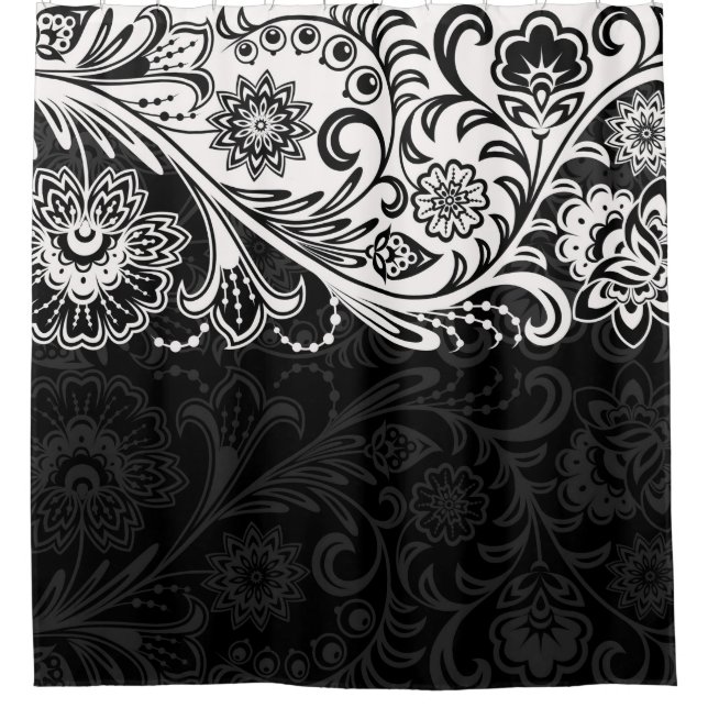 Rideau de douche à motifs floraux noir et blanc (Devant)