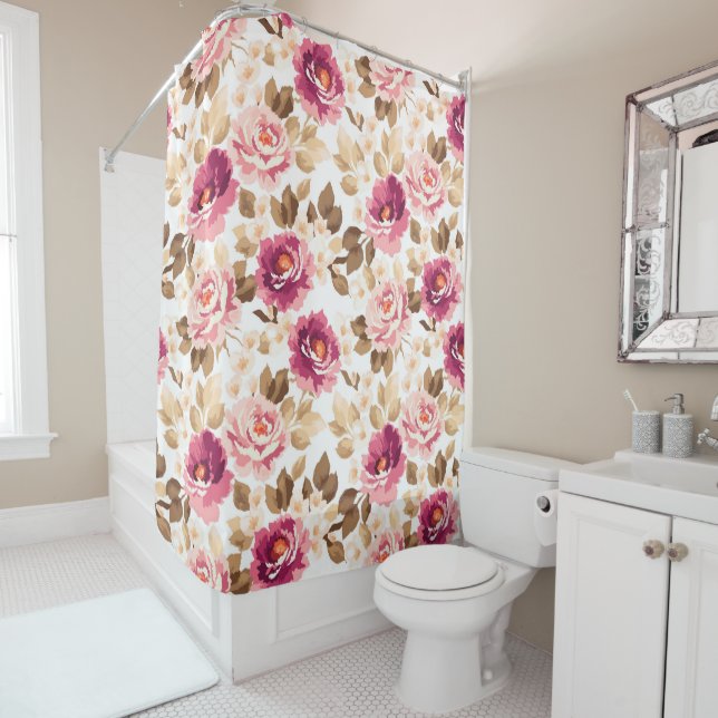 Rideau de douche à motifs floraux rose (En situation)