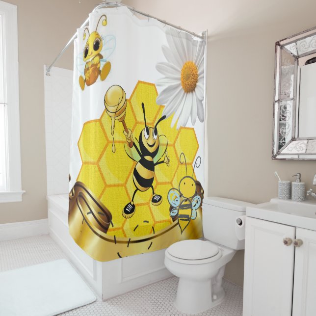 Rideau de douche Abeille blanche marguerite (En situation)