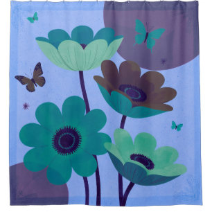 Rideau de douche abstrait papillon et fleurs bleue