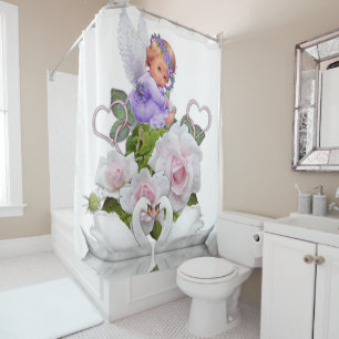 Rideau de douche Ange floral cygnes blancs