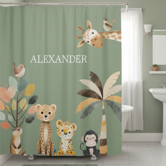 Rideau de douche animal mignon (whimsical cute animal giraffe monkey green shower curtain for jungle or safari themed bathroom)