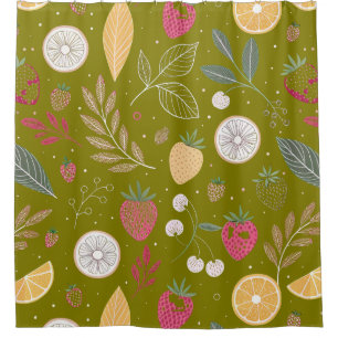 Rideau de douche aux fruits et fleurs vert olive