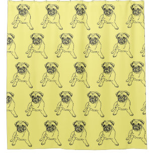 Rideau de douche avec dessin de chien pug jaune te