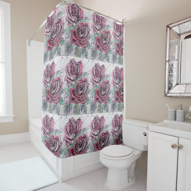 Rideau de douche avec peinture aquarelle de rose r (En situation)