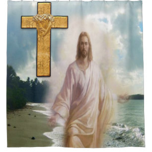 Rideau de douche blanc croisé Jésus