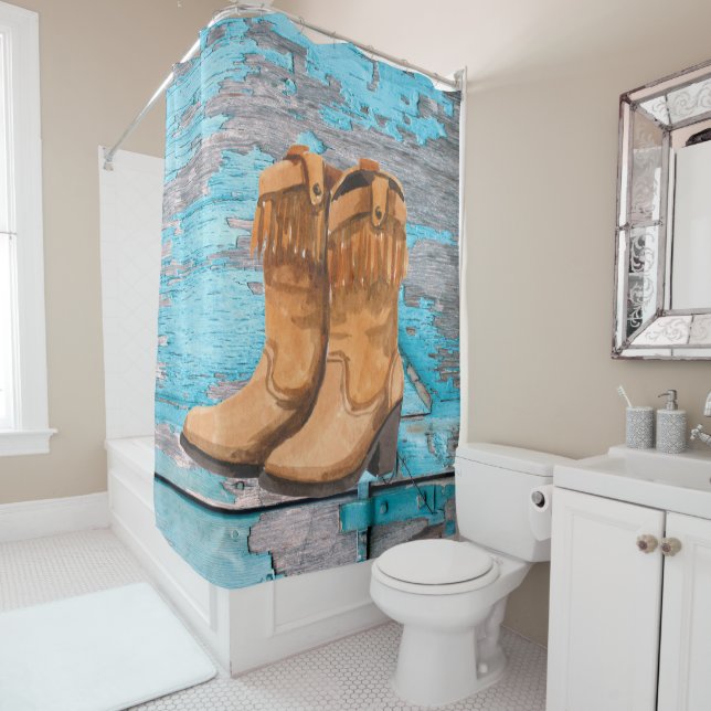 Rideau de douche Bleu Bois Grange Porte Bottes Pay (En situation)