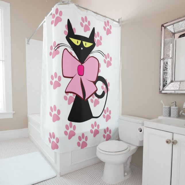 Rideau de douche Chaton noir Empreintes de pattes  (En situation)