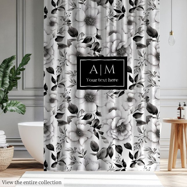 Rideau de douche chic noir et blanc à motifs flora (Chic black and white floral shower curtain gift)