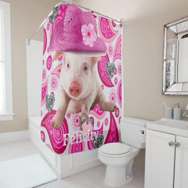 Rideau de douche Cochon rose Coeurs argenté Paisle (En situation)