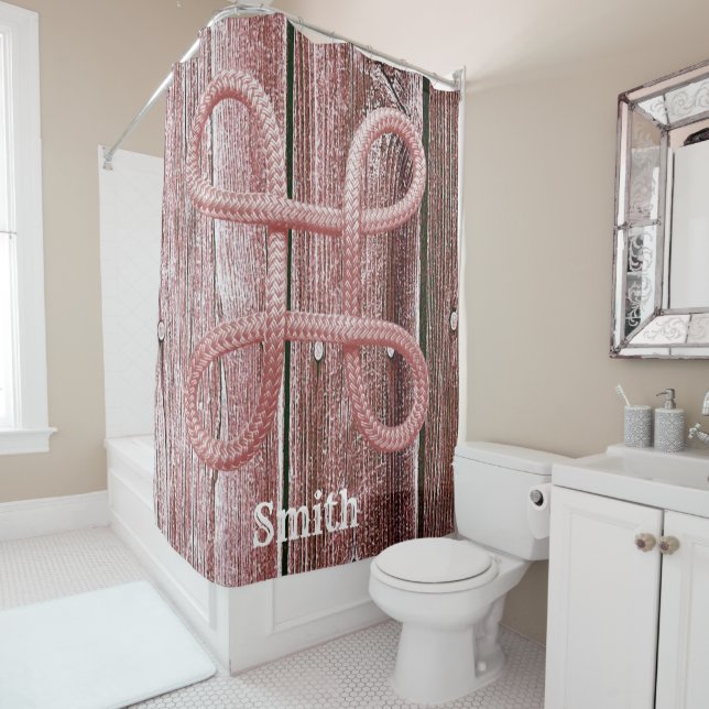 Rideau de douche corde rustique en bois rouge (En situation)