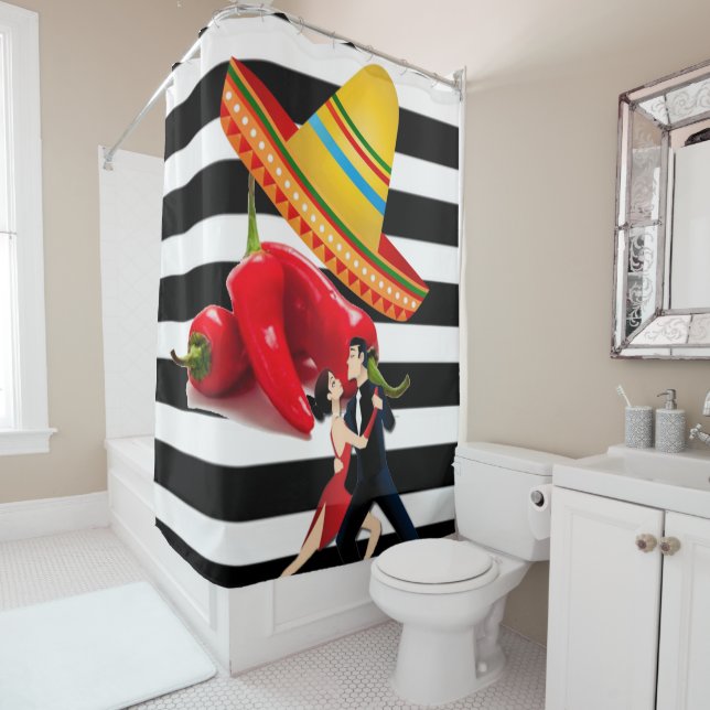 Rideau de douche Danseurs mexicains Black Stripe (En situation)