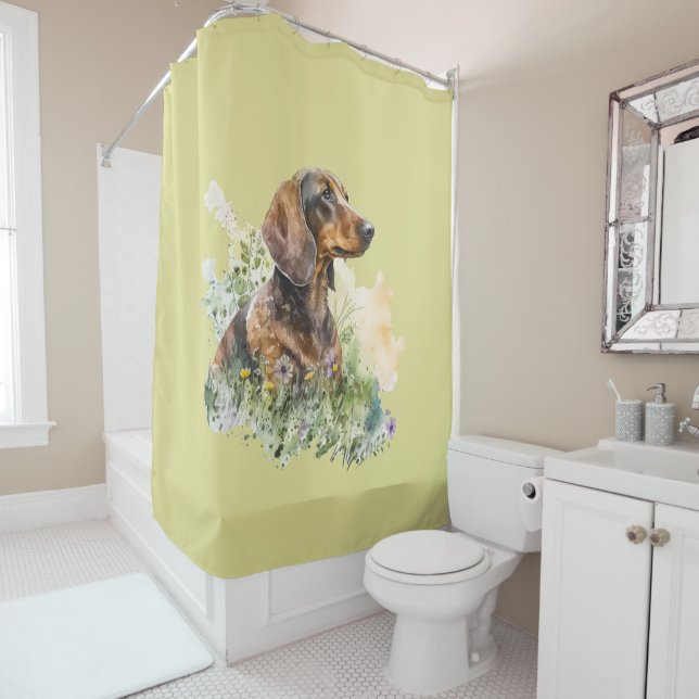 Rideau de douche d'aquarelle florale Dachshund (En situation)