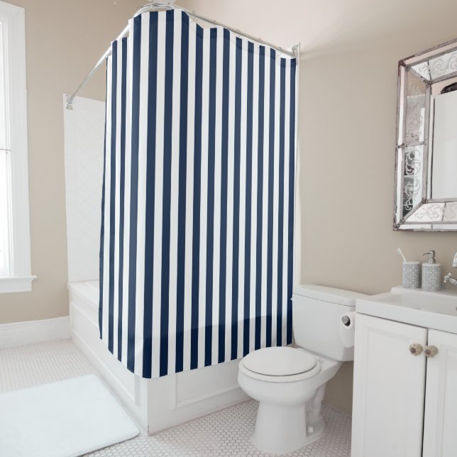Rideau de douche de bain bleu et blanc en bande ma (En situation)