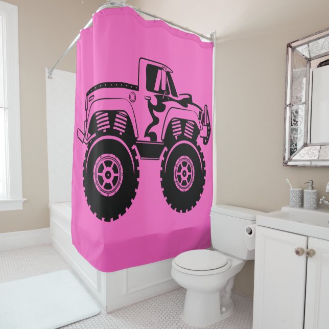 Rideau de douche de camion rose et noir Monster (En situation)