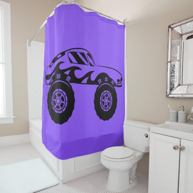 Rideau de douche de camion violet et noir Monster (En situation)