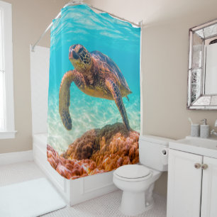 Rideau de douche de corail de la tortue bleue de l