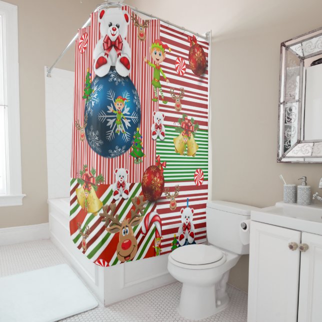 Rideau de douche de Noël, bande d'ours en peluche (En situation)