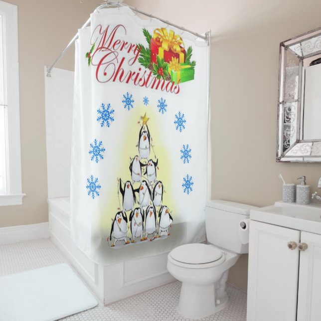 Rideau de douche de Noël, Joyeux manchot de Noël (En situation)