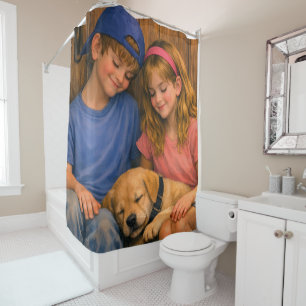 Rideau de douche Deux Enfants avec Chien Endormi