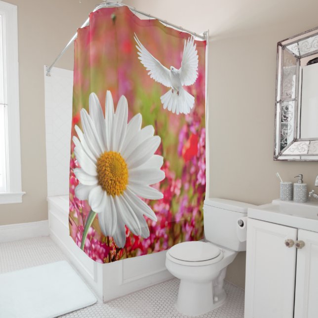 Rideau de douche Dove blanche Daisy rose Floral (En situation)