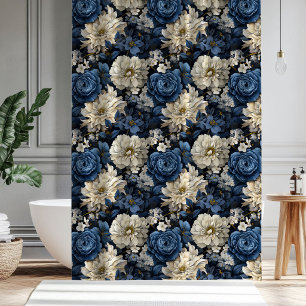 Rideau de douche élégant floral bleu ivoire de cré