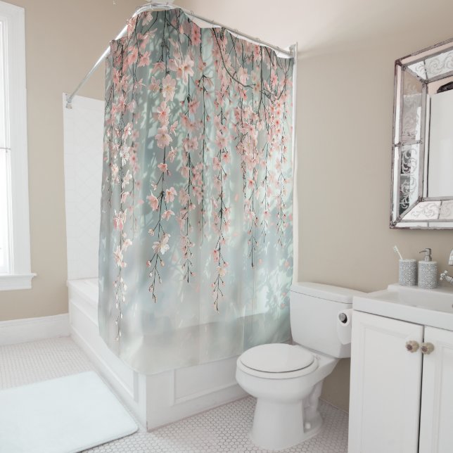 Rideau de douche en fleurs de cerisier rose (En situation)