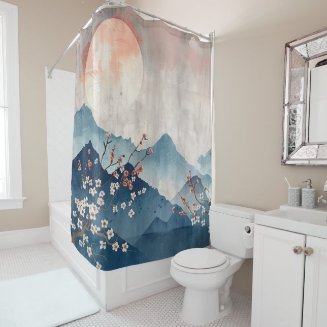 Rideau de douche en fleurs de prune japonaise (En situation)