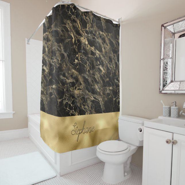 Rideau de douche en marbre noir et or (En situation)