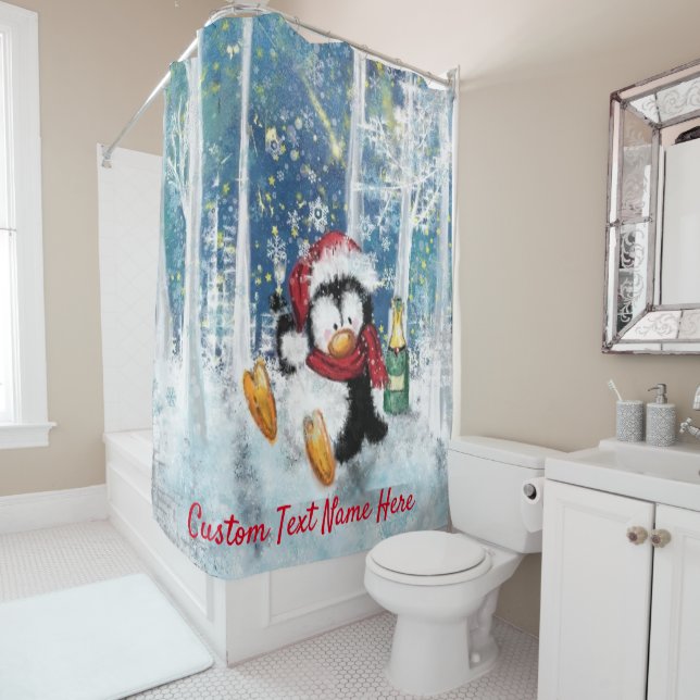 Rideau de douche en pingouin de Noël avec texte pe (En situation)