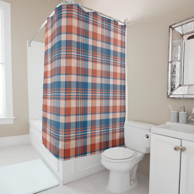 Rideau de douche en plaid bleu et orange (En situation)