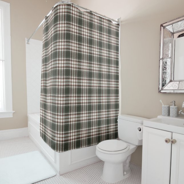 Rideau de douche en plaid vert foncé avec ivoire e (En situation)