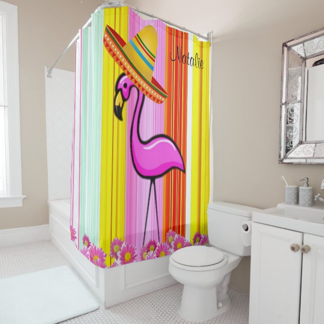 Rideau de douche Flamant rose floral rose rayé (En situation)
