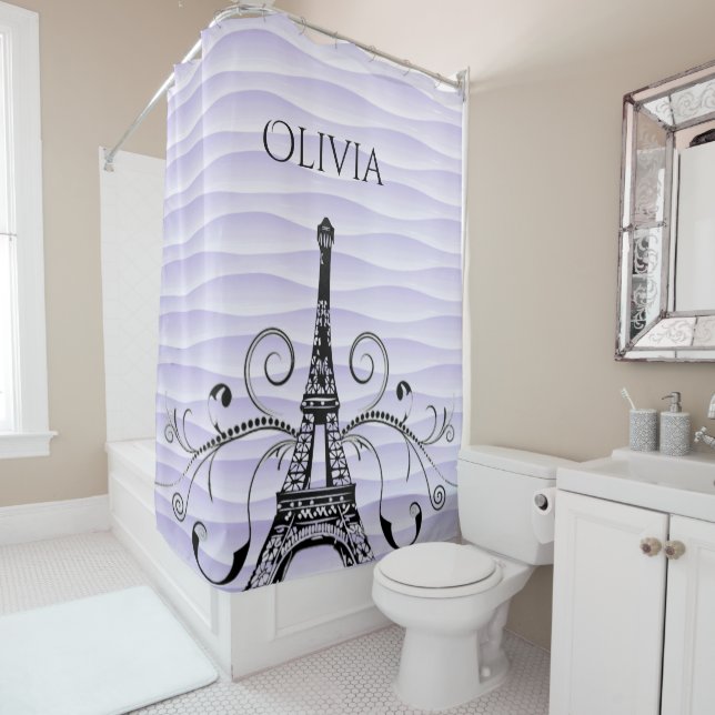 Rideau de douche fleuri Tour Eiffel violet (En situation)