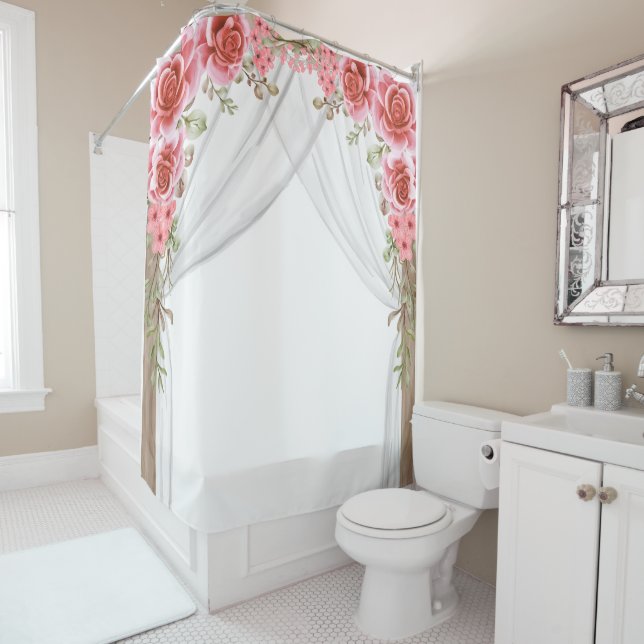 Rideau de douche floral à arche de rose romantique (En situation)