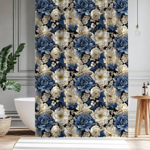 Rideau de douche floral ivoire blanc bleu de luxe