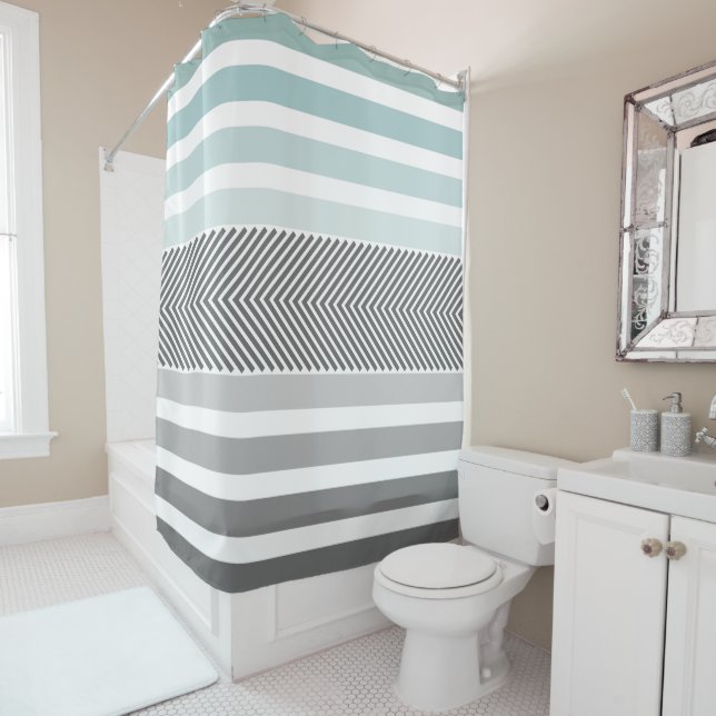 Rideau de douche gris et bleu squelette (En situation)