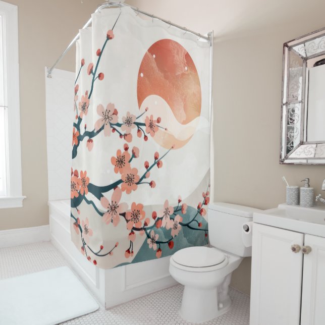 Rideau de douche japonais rose prune fleurie et lu (En situation)