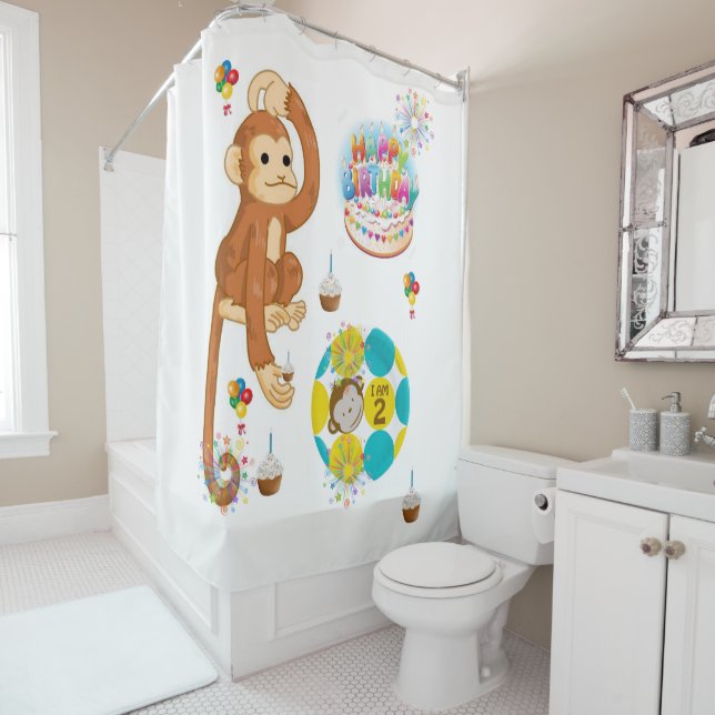 Rideau de douche Joyeux singe d'anniversaire 2 ans (En situation)