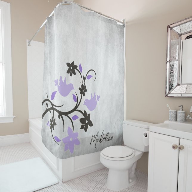 Rideau de douche Lovebirds violet (En situation)