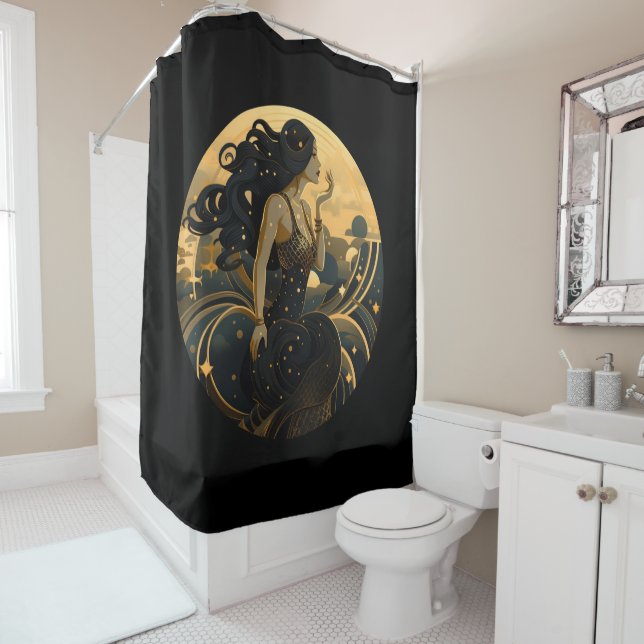 Rideau de douche Mermaid Art déco noir et or (En situation)