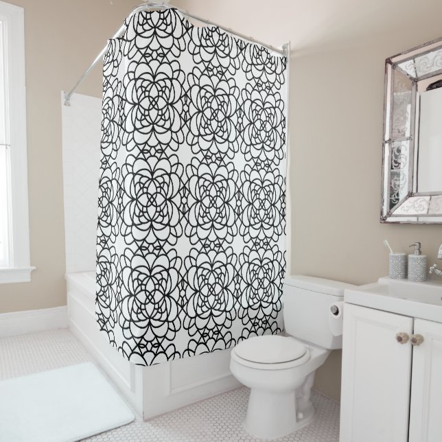 rideau de douche motif noir et blanc élégant (En situation)