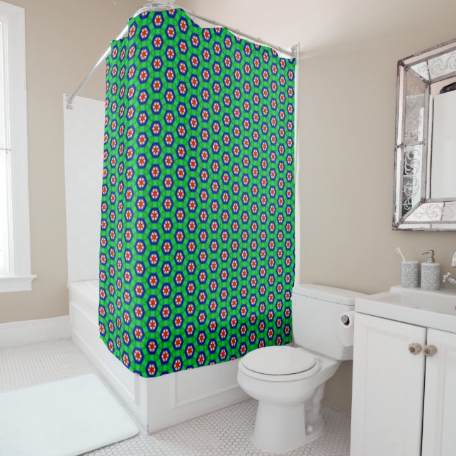 Rideau de douche Motif vert, rouge et bleu (En situation)